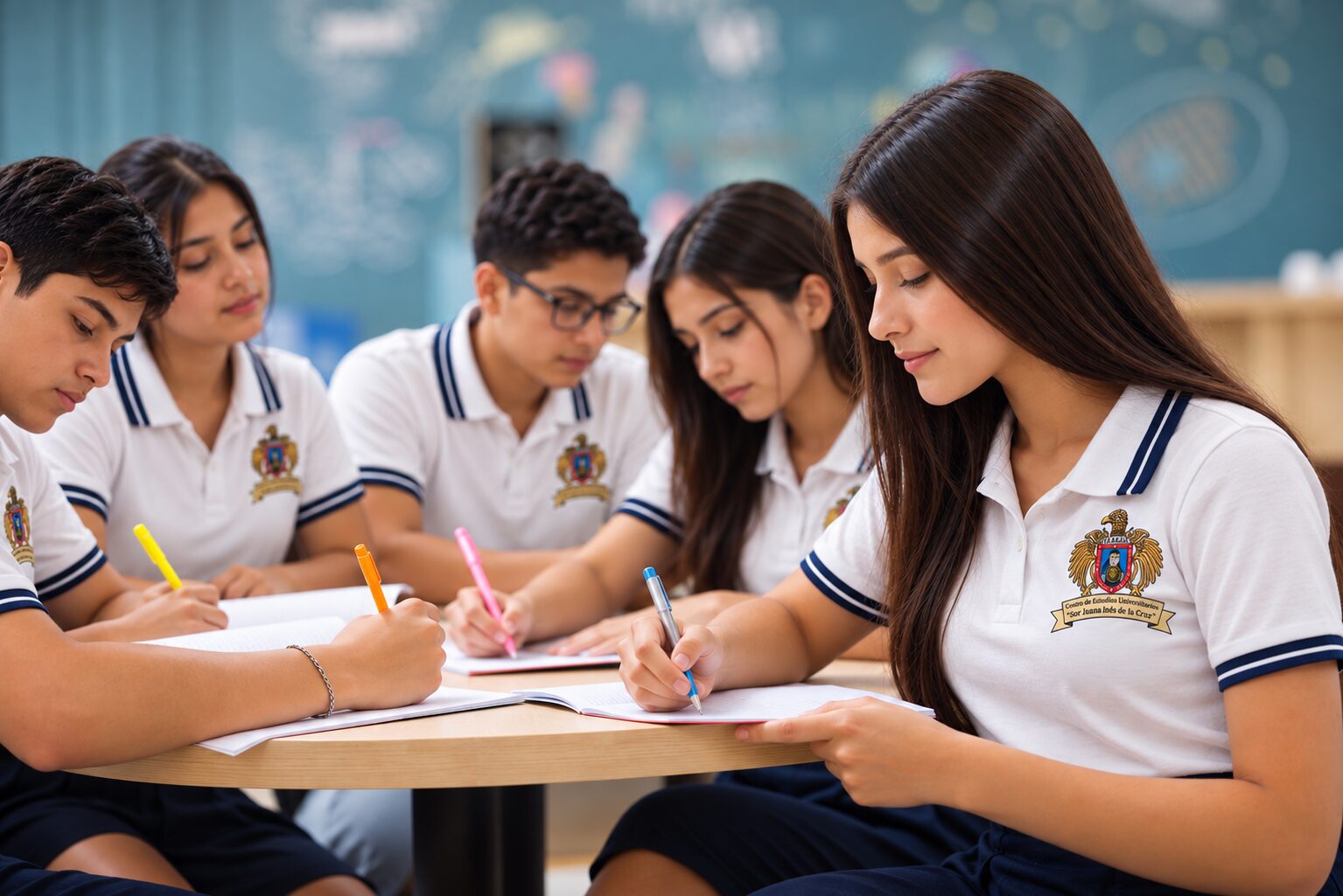 Estudiantes de CEUSJIC con playera de la universidad trabajando juntos en el aula