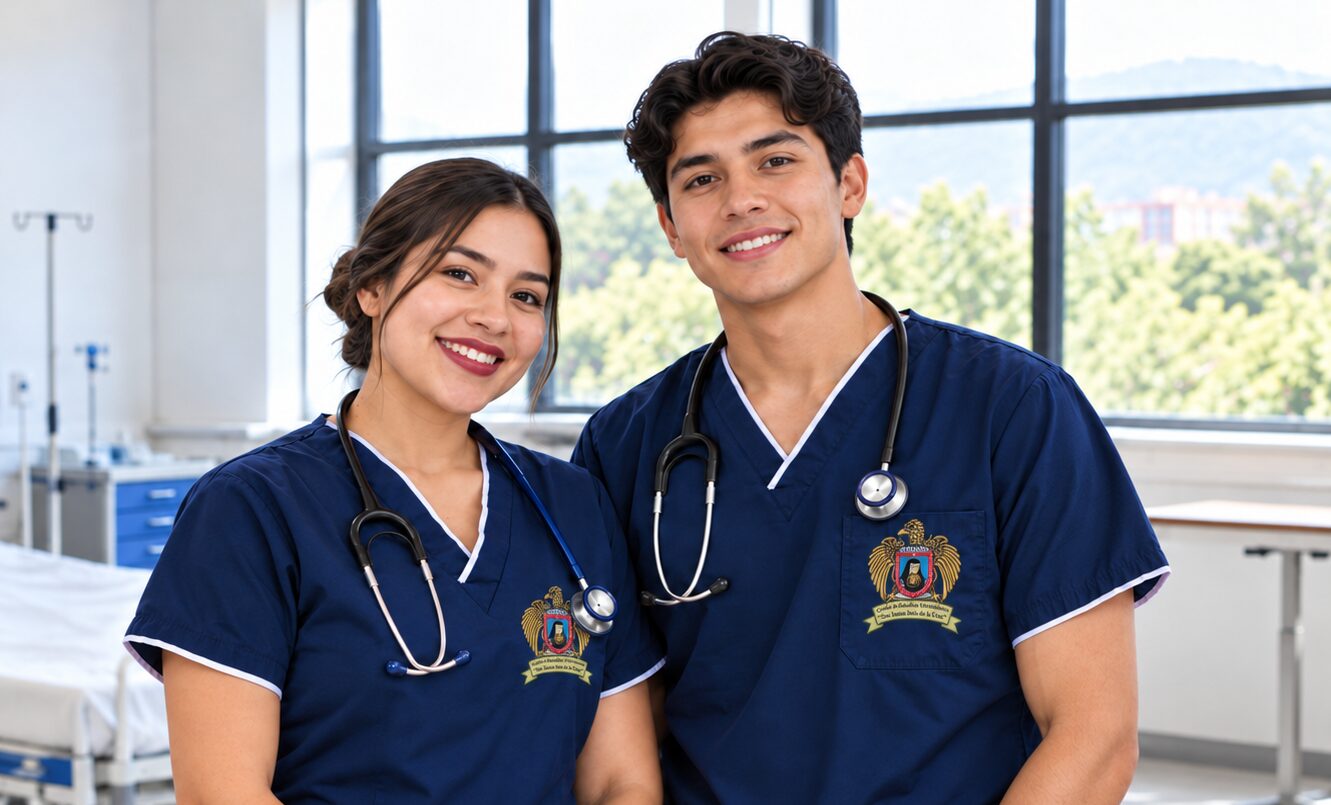 Estudiantes de enfermería de CEUSJIC con uniforme y escudo de la universidad